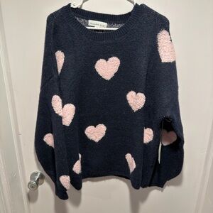 Threaded Leaf Navy Sweater with Pink Hearts Cozy